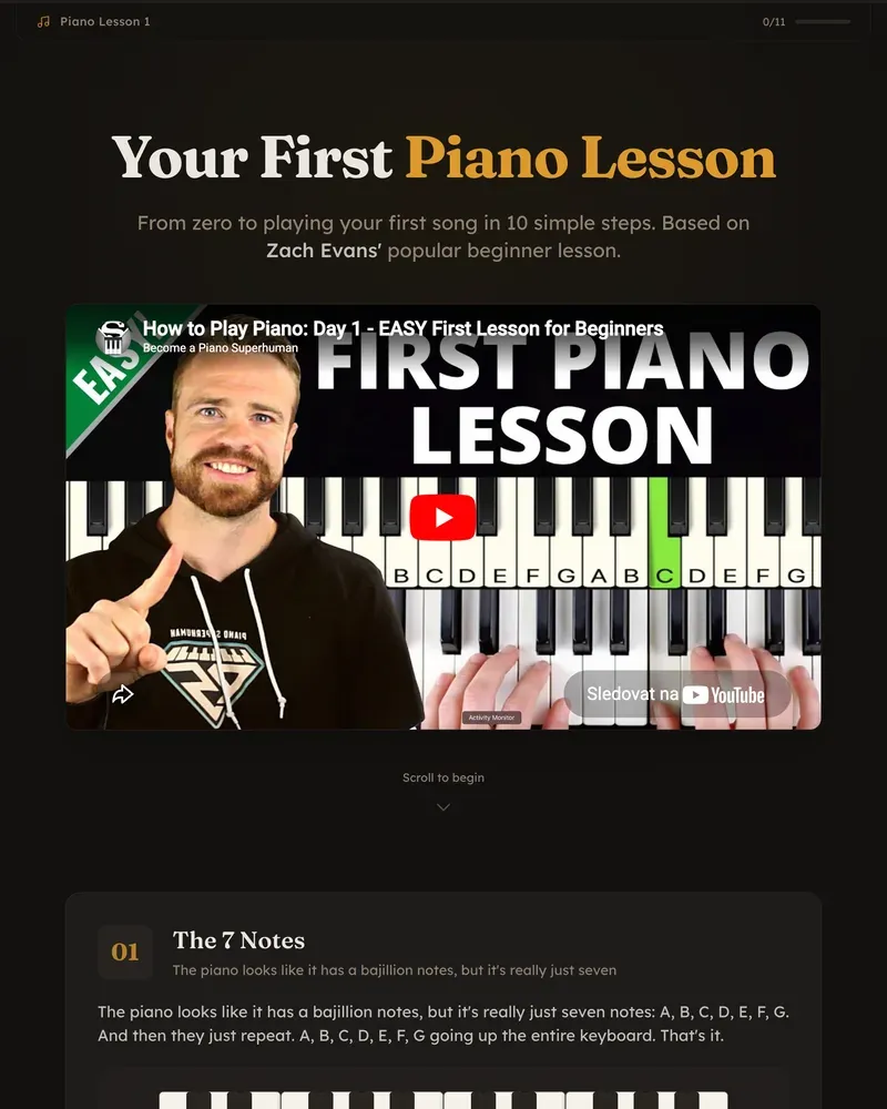 Interactive piano lesson from a YouTube tutorial